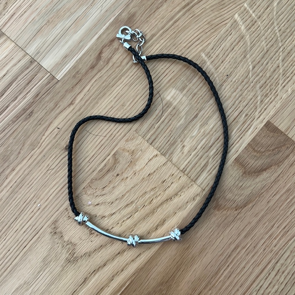 New Ferragamo leather braided cord necklace with sterling silver knit detailing